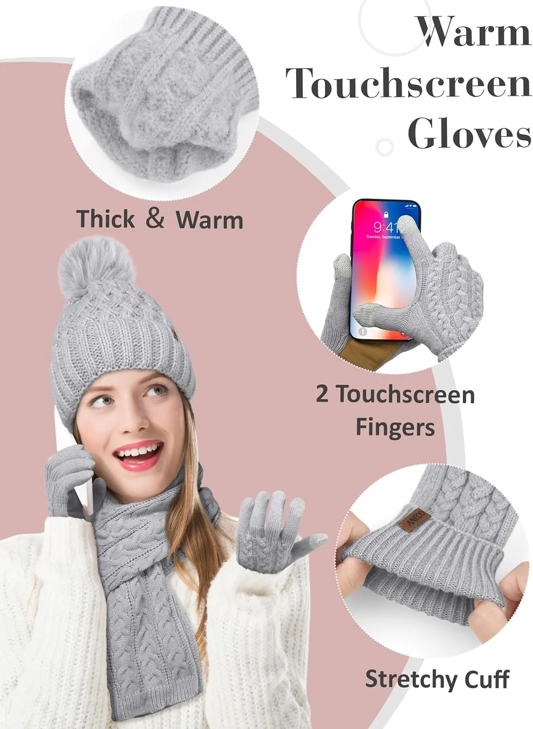 Aneco Women Winter Beanie Hat Scarf Gloves with Pom Pom Fleece Lined Touchscreen Gloves Set Thick Warm Knit Cap 3-in-1 Set