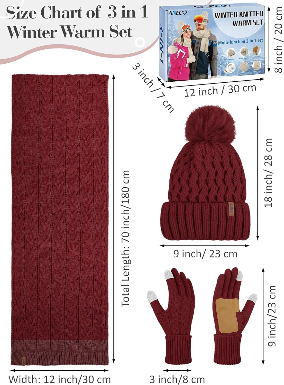 Aneco Women Winter Beanie Hat Scarf Gloves with Pom Pom Fleece Lined Touchscreen Gloves Set Thick Warm Knit Cap 3-in-1 Set
