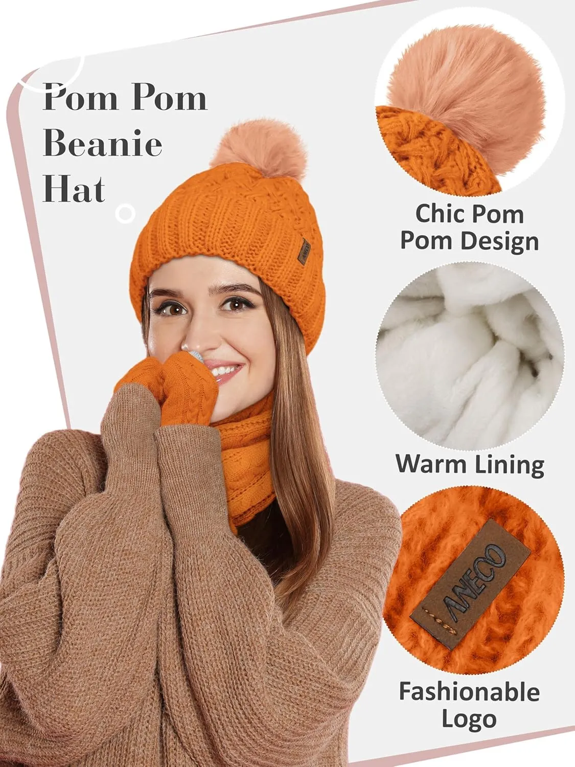 Aneco Women Winter Beanie Hat Scarf Gloves with Pom Pom Fleece Lined Touchscreen Gloves Set Thick Warm Knit Cap 3-in-1 Set