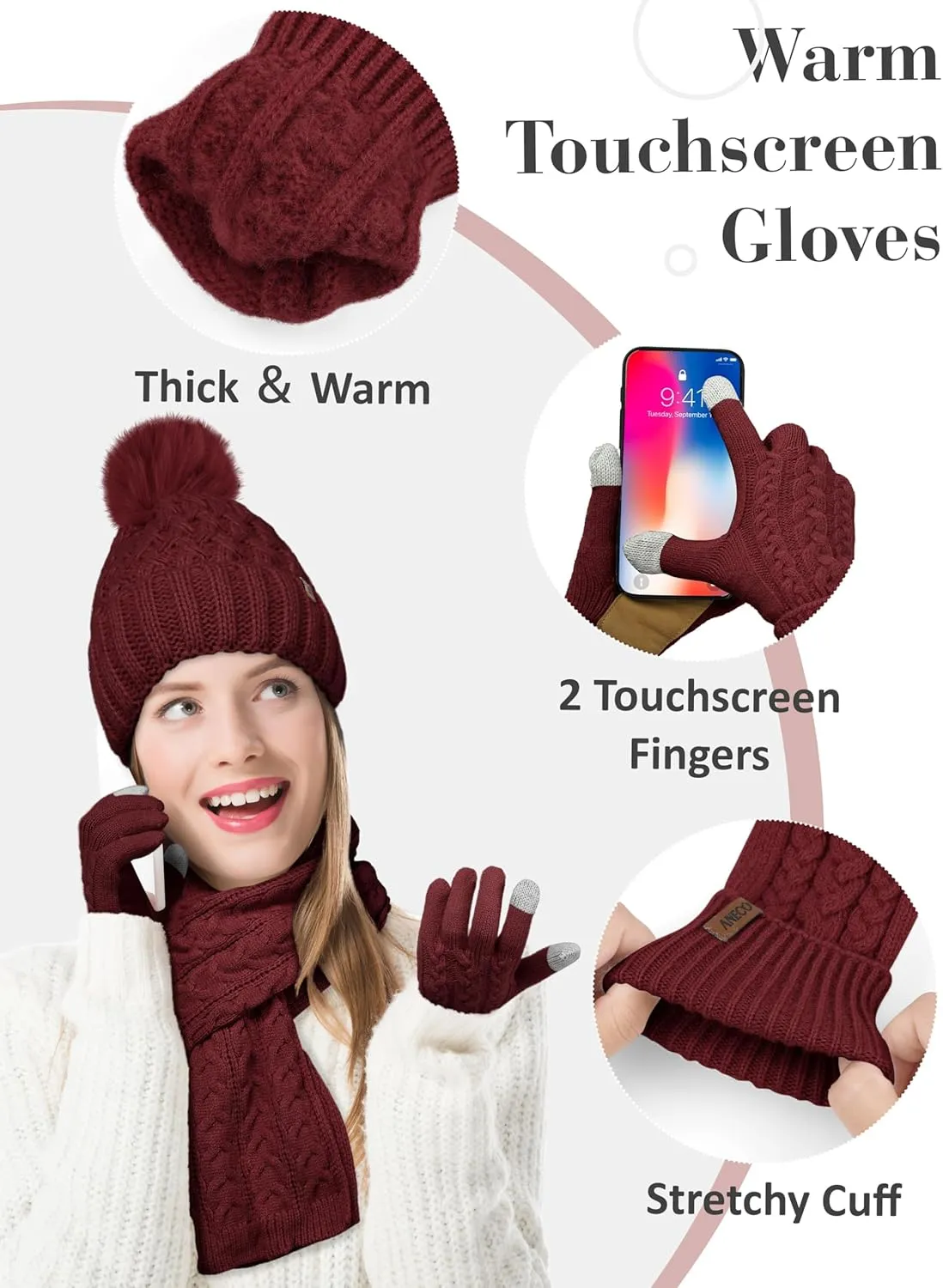 Aneco Women Winter Beanie Hat Scarf Gloves with Pom Pom Fleece Lined Touchscreen Gloves Set Thick Warm Knit Cap 3-in-1 Set