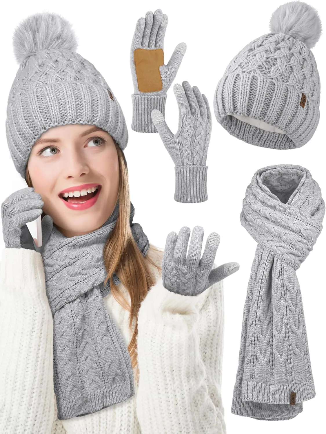 Aneco Women Winter Beanie Hat Scarf Gloves with Pom Pom Fleece Lined Touchscreen Gloves Set Thick Warm Knit Cap 3-in-1 Set