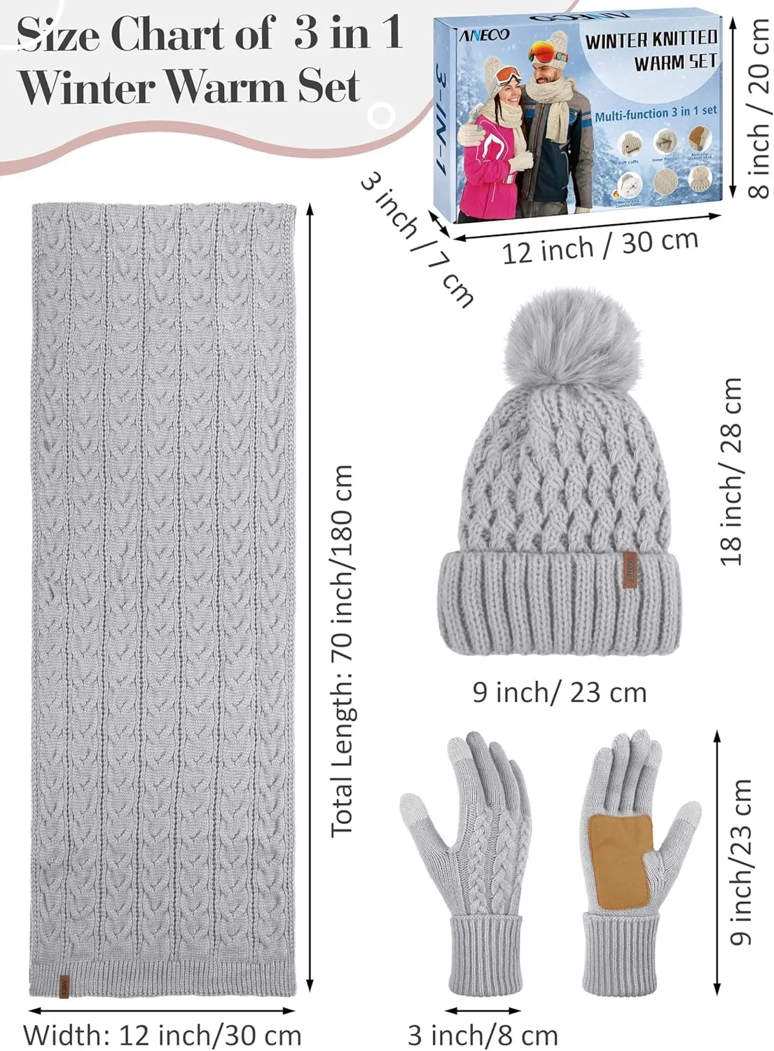Aneco Women Winter Beanie Hat Scarf Gloves with Pom Pom Fleece Lined Touchscreen Gloves Set Thick Warm Knit Cap 3-in-1 Set