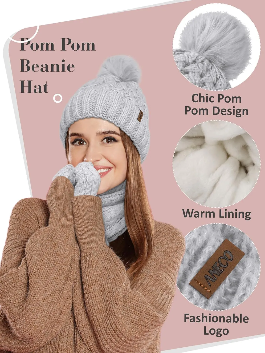 Aneco Women Winter Beanie Hat Scarf Gloves with Pom Pom Fleece Lined Touchscreen Gloves Set Thick Warm Knit Cap 3-in-1 Set