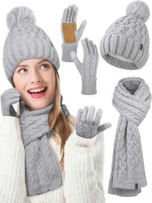 Aneco Women Winter Beanie Hat Scarf Gloves with Pom Pom Fleece Lined Touchscreen Gloves Set Thick Warm Knit Cap 3-in-1 Set