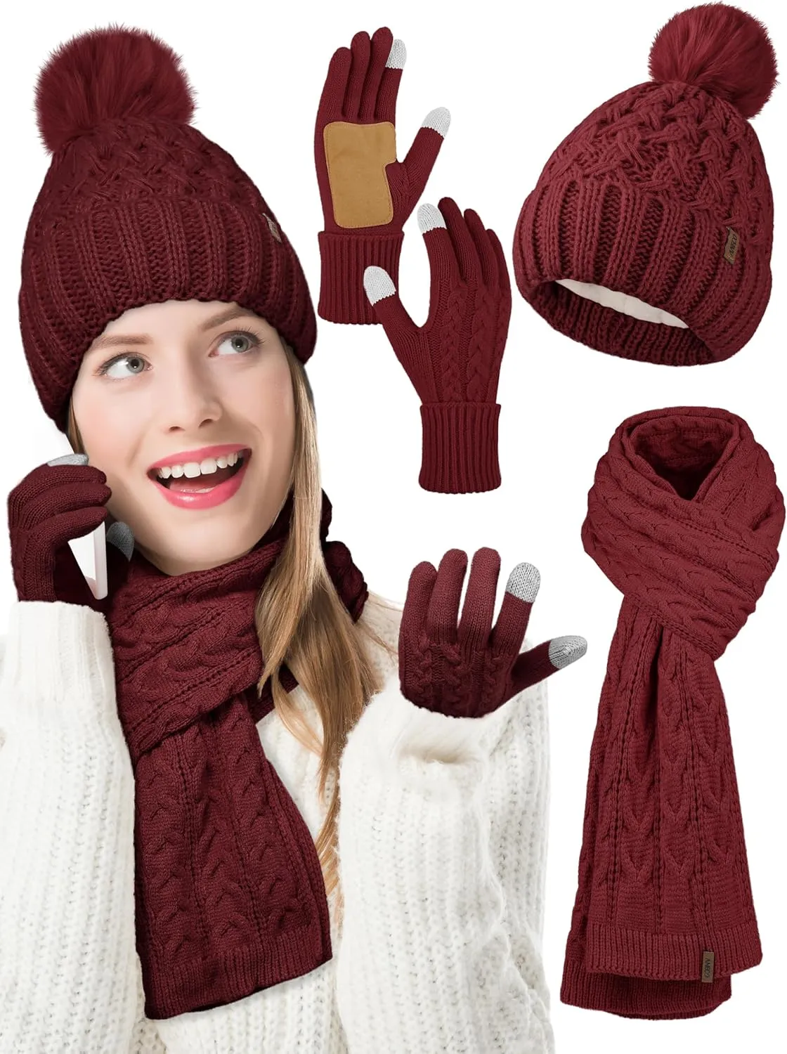 Aneco Women Winter Beanie Hat Scarf Gloves with Pom Pom Fleece Lined Touchscreen Gloves Set Thick Warm Knit Cap 3-in-1 Set