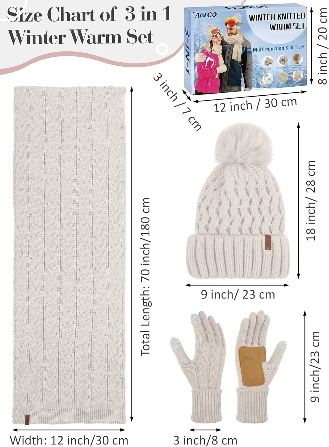 Aneco Women Winter Beanie Hat Scarf Gloves with Pom Pom Fleece Lined Touchscreen Gloves Set Thick Warm Knit Cap 3-in-1 Set