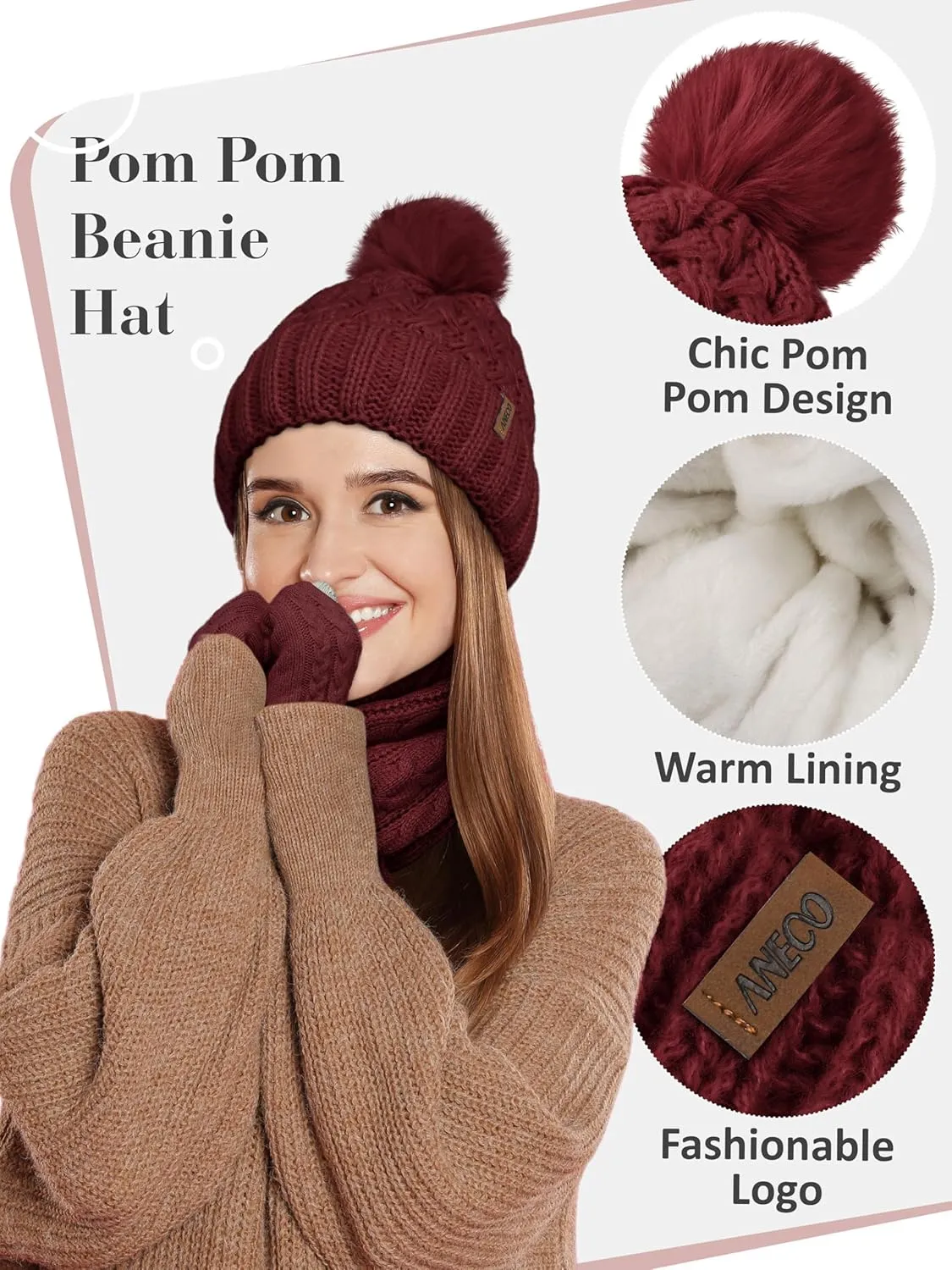 Aneco Women Winter Beanie Hat Scarf Gloves with Pom Pom Fleece Lined Touchscreen Gloves Set Thick Warm Knit Cap 3-in-1 Set