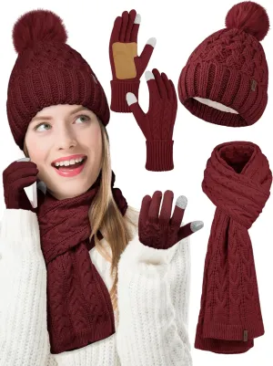Aneco Women Winter Beanie Hat Scarf Gloves with Pom Pom Fleece Lined Touchscreen Gloves Set Thick Warm Knit Cap 3-in-1 Set
