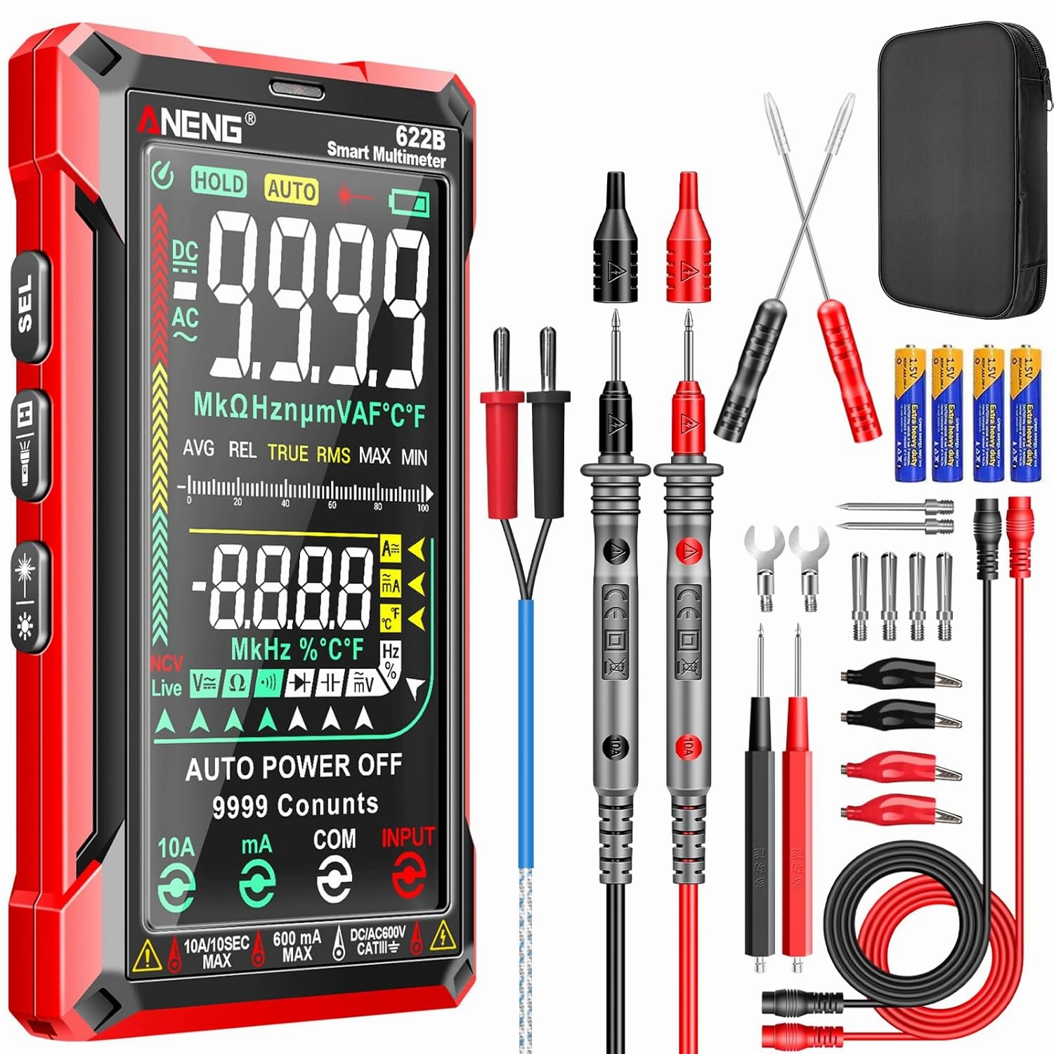 ANENG Digital Multimeter Tester TRMS 9999Counts Smart Auto-Ranging Anti-Burning Ohm Amp Voltmeter with NCV,DC/AC Current,Voltage,Resistance Diodes,Continuity,Capacitance,Temperature