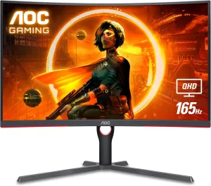 AOC CQ32G3SU 32" Curved Frameless Gaming Monitor, 2K QHD 2560x1440, 165Hz 1ms, AMD FreeSync Premium, Height Adjustable, 2X HDMI 2.0, 1x Display Port, Xbox/PS5/Switch Ready, Refurbished