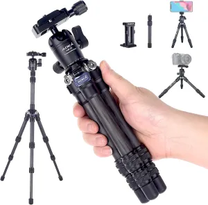 AOKA 15.7in/0.97lb Mini Carbon Fiber Tripod, Lightweight Compact Travel Tabletop Tripod Stand for Phone, SLR, Digital Camera,Projector, Webcam, with Metal Phone Mount & Extended Center Shaft Rod