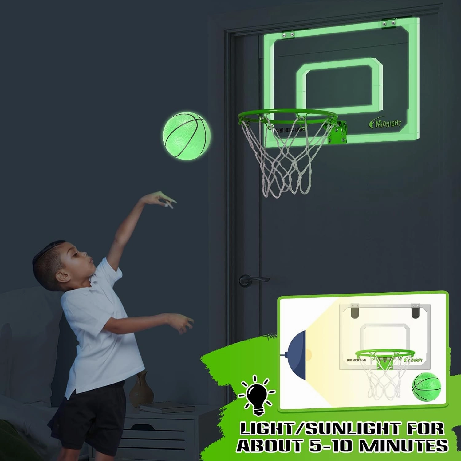 AOKESI Mini Portable Basketball Hoop Indoor Glow in The Dark, Over The Door Basketball Net Goal for Room Outdoor Play Game Toys Gift for Adult Kids Boys