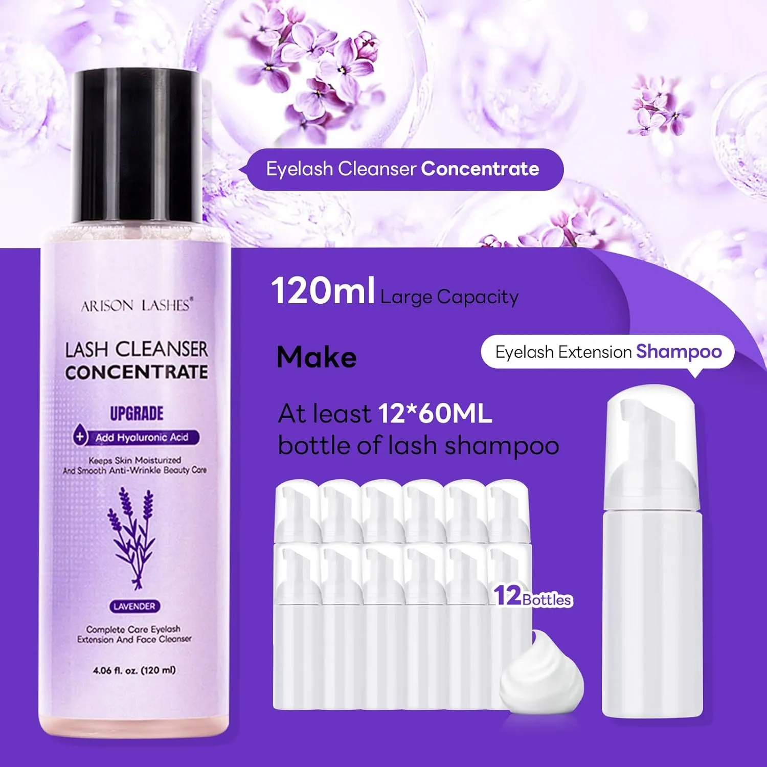ARISON LASHES Eyelash Shampoo Concentrate (120ml) - Large Capacity Professional Cleanser for Lash Extensions (Makes 24 Bottles of 60ml) - Lavender Scent