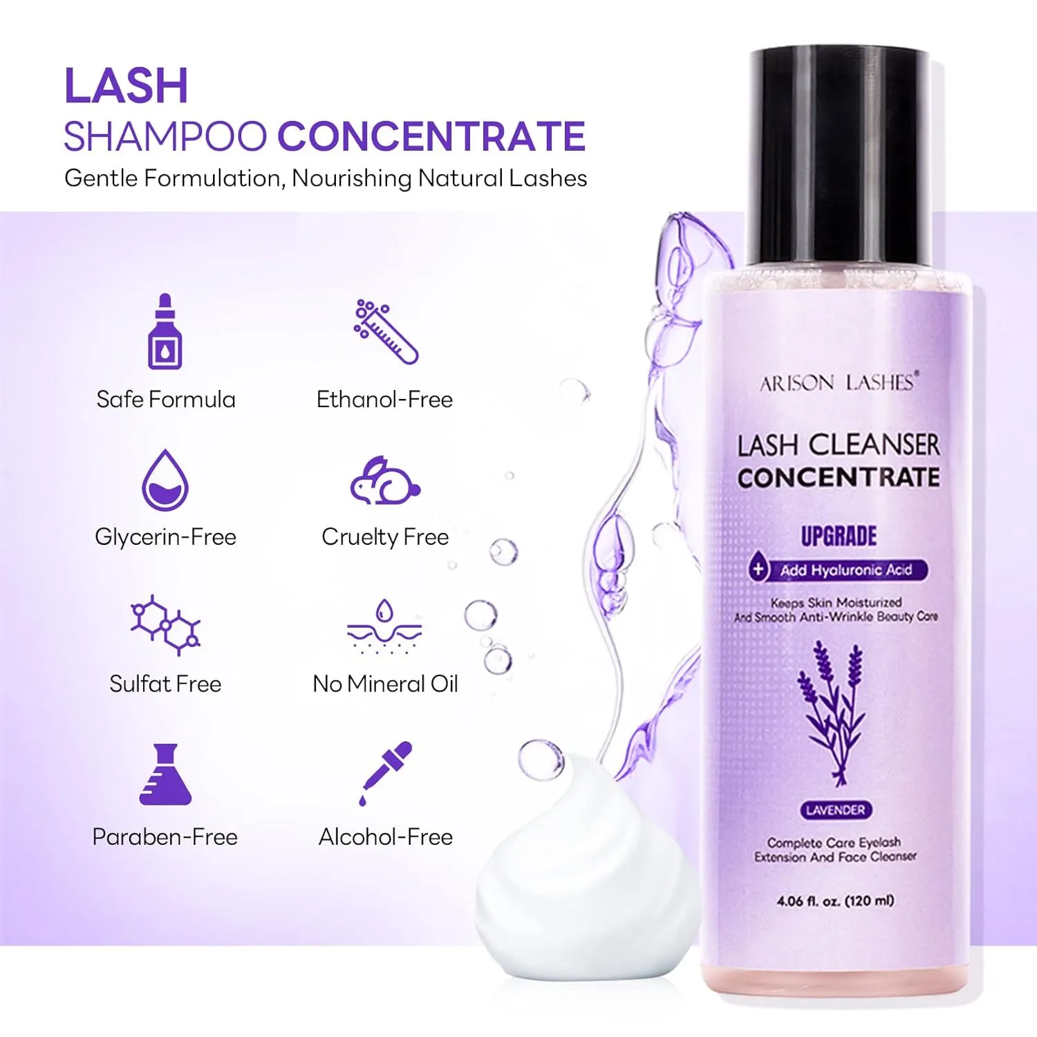ARISON LASHES Eyelash Shampoo Concentrate (120ml) - Large Capacity Professional Cleanser for Lash Extensions (Makes 24 Bottles of 60ml) - Lavender Scent