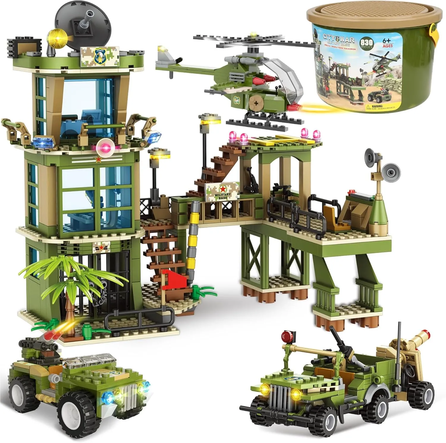 Army Station Military Base Building Block Set, The Line of Fire Attack Toy Set, with Military Truck, Army Car, Airplane, and Portable Storage Bucket, City War Roleplay Toy Gift for Kids Boys 6-12