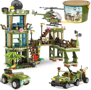 Army Station Military Base Building Block Set, The Line of Fire Attack Toy Set, with Military Truck, Army Car, Airplane, and Portable Storage Bucket, City War Roleplay Toy Gift for Kids Boys 6-12