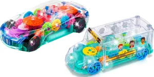 ArtCreativity Light Up Transparent Sensory Car Toy for Kids, 1PC, Bump and Go Toy Car with Colorful Moving Gears & Light Up School Bus Toy for Toddlers - Bump and Go School Toy Bus with Colorful Spinn