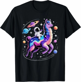 Astronaut Riding Llama Space Stars Galaxy Planets Llamas T-Shirt