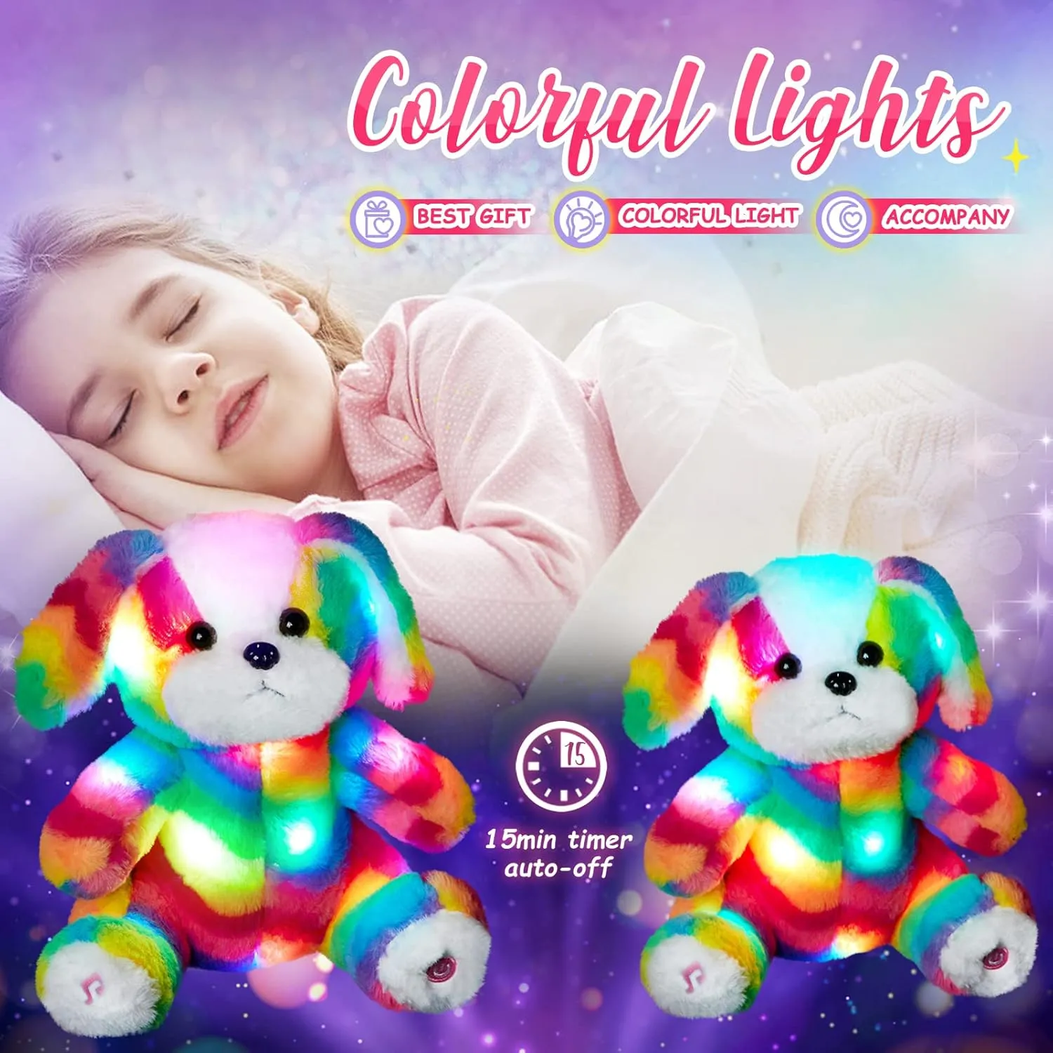 Athoinsu Light up Rainbow Dog Stuffed Animal Cute LED Glowing Night Lights Puppy Plush Toy Gifts Decors for Toddlers Kids, 10"