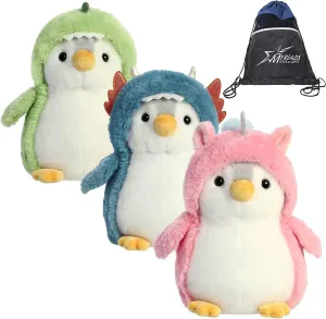 Aurora Pompom Penguin Plush Set of 3: Pompom Dino, Pompom Dragon, and Pompom Unicorn, 7 inches