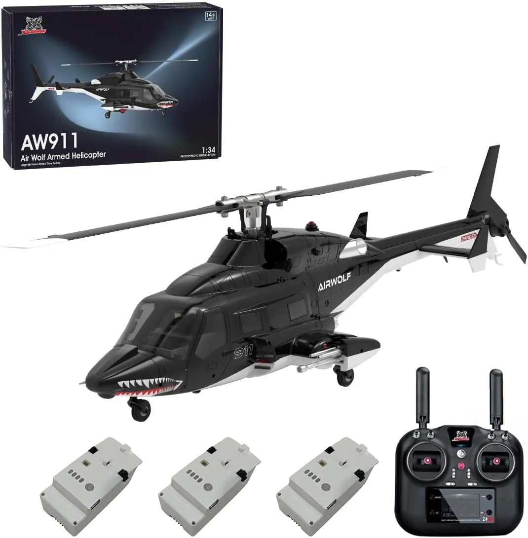 AW-911 Remote Control Helicopter for 16 , 1/34 Scale Airwolf RC Helicopter Model with 6G/3D Stunt Mode and GPS Positioning, Three Batteries (RTF Version/Mode 1/Mode 2 Switchable)