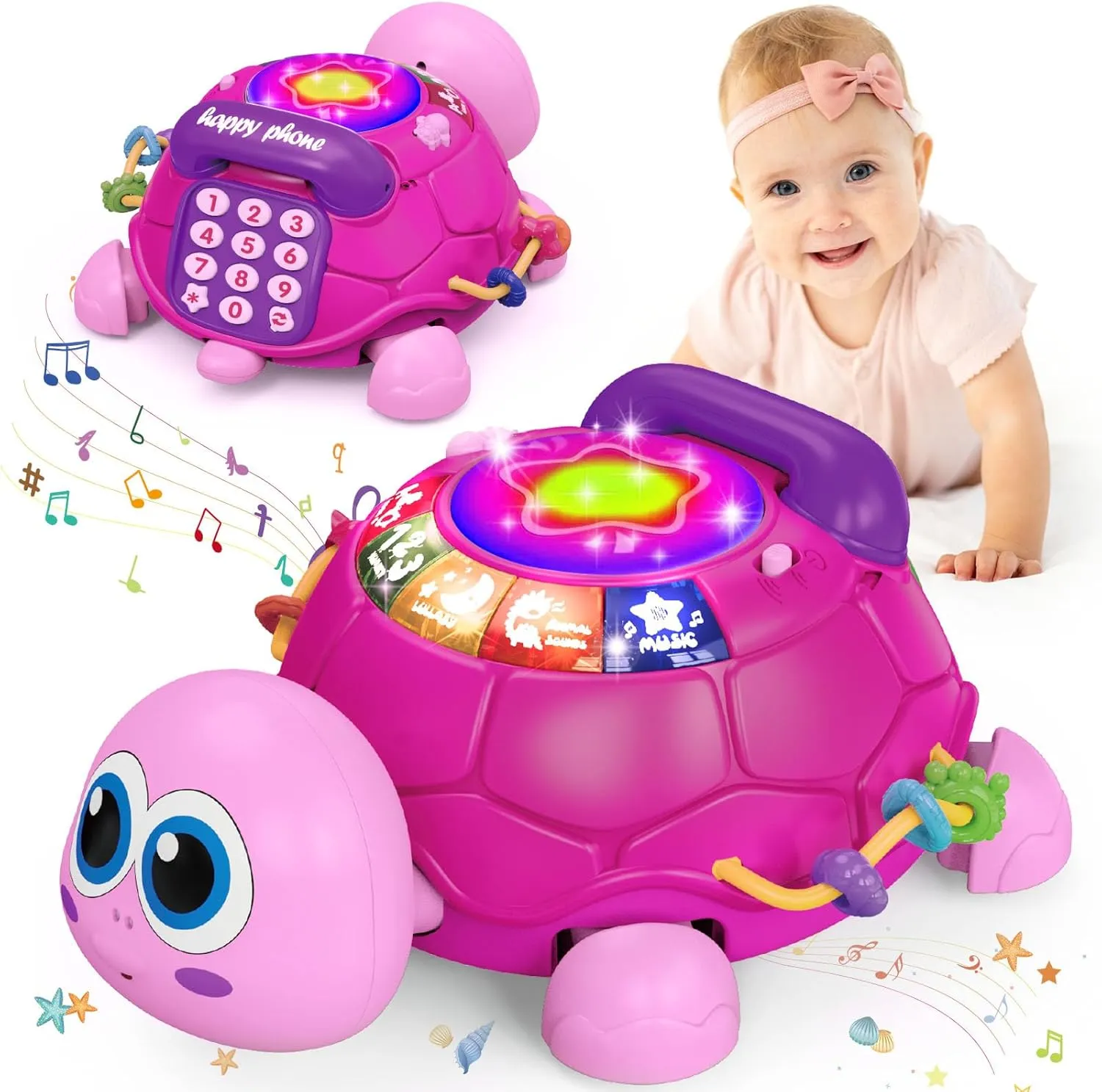 Baby Infant Light up Music Turtle Toys, Baby Toys 6 to 12 Months with Phone, Baby Crawling Girl Toys 7 8 9 10 11 Months 1-2 Year Old Newborn Girl Gift (Pink)
