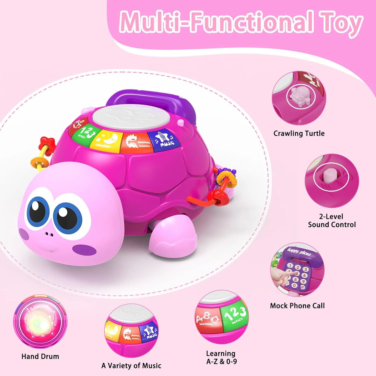 Baby Infant Light up Music Turtle Toys, Baby Toys 6 to 12 Months with Phone, Baby Crawling Girl Toys 7 8 9 10 11 Months 1-2 Year Old Newborn Girl Gift (Pink)
