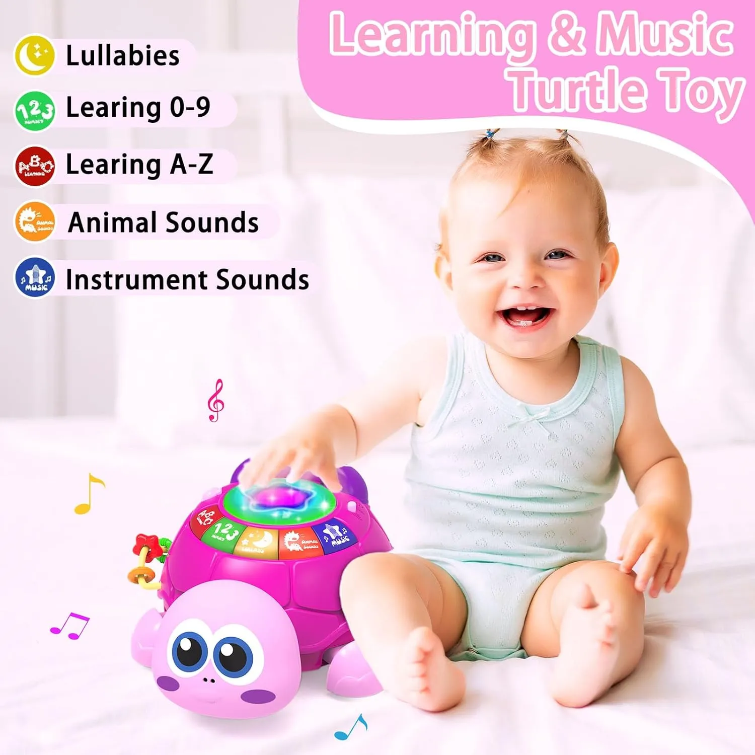 Baby Infant Light up Music Turtle Toys, Baby Toys 6 to 12 Months with Phone, Baby Crawling Girl Toys 7 8 9 10 11 Months 1-2 Year Old Newborn Girl Gift (Pink)
