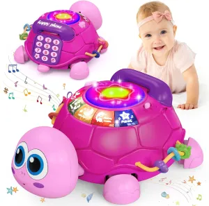 Baby Infant Light up Music Turtle Toys, Baby Toys 6 to 12 Months with Phone, Baby Crawling Girl Toys 7 8 9 10 11 Months 1-2 Year Old Newborn Girl Gift (Pink)