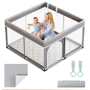Baby Playpen with Mat 50x50inch - Indoor Safety Playpen for Babies and Toddlers with Mat, Soft Breathable Mesh, All-Wrapped Sponge, Sturdy Play Yard with Stable and Magic Sticker
