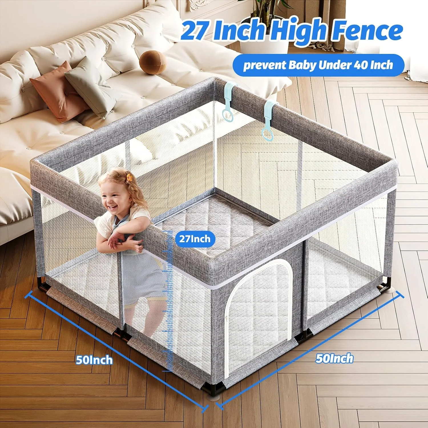 Baby Playpen with Mat 50x50inch - Indoor Safety Playpen for Babies and Toddlers with Mat, Soft Breathable Mesh, All-Wrapped Sponge, Sturdy Play Yard with Stable and Magic Sticker