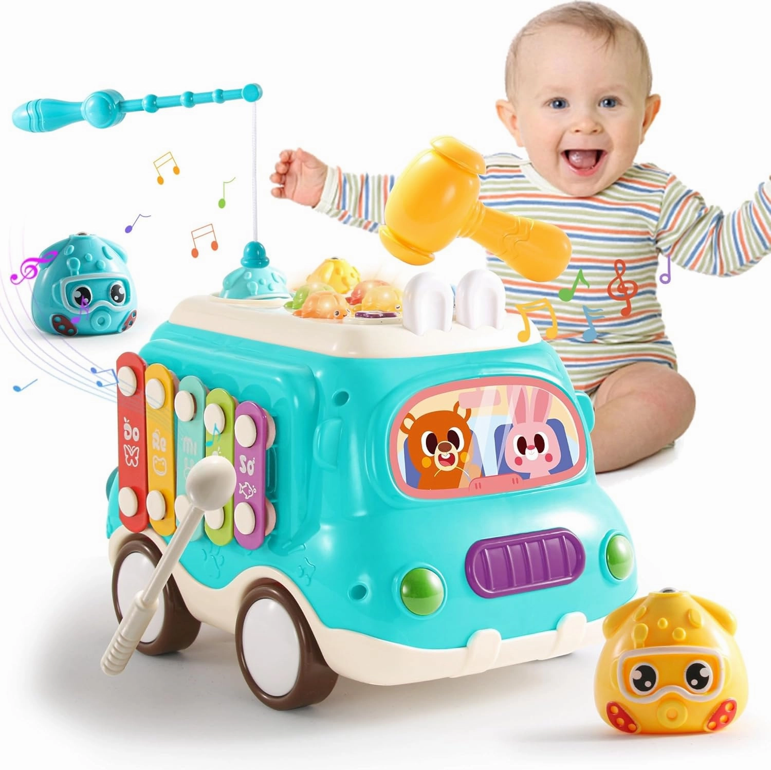 Baby Toy for 1-2 Year Old,Toddler Toys Early Learning Montessori Toy 6-12-18 Months ,6 in 1 Infant Educational Busy Center,Musical Bus Baby Toys Christmas Birthday Gifts