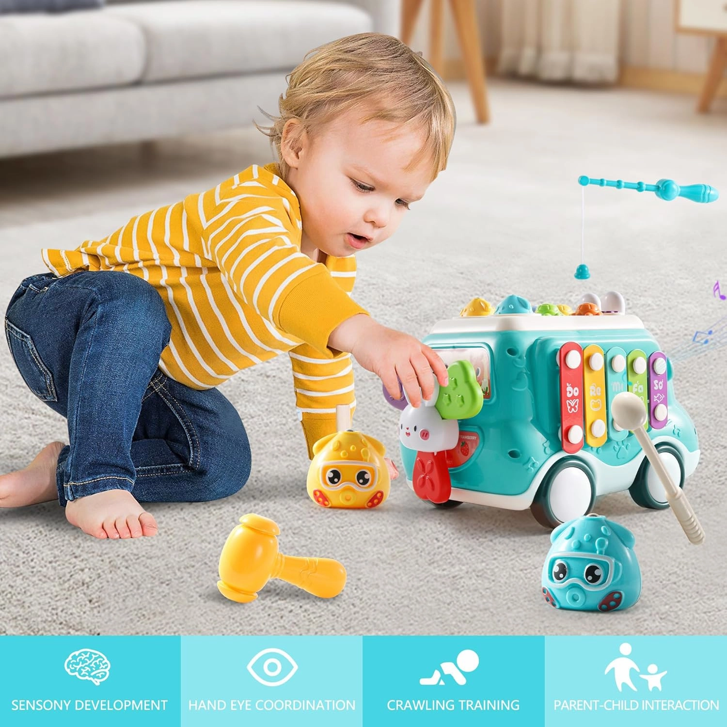 Baby Toy for 1-2 Year Old,Toddler Toys Early Learning Montessori Toy 6-12-18 Months ,6 in 1 Infant Educational Busy Center,Musical Bus Baby Toys Christmas Birthday Gifts
