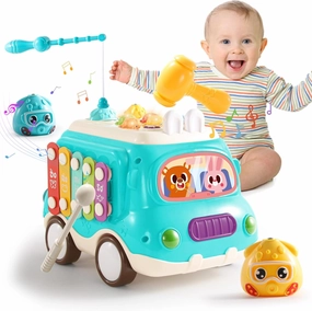 Baby Toy for 1-2 Year Old,Toddler Toys Early Learning Montessori Toy 6-12-18 Months ,6 in 1 Infant Educational Busy Center,Musical Bus Baby Toys Christmas Birthday Gifts