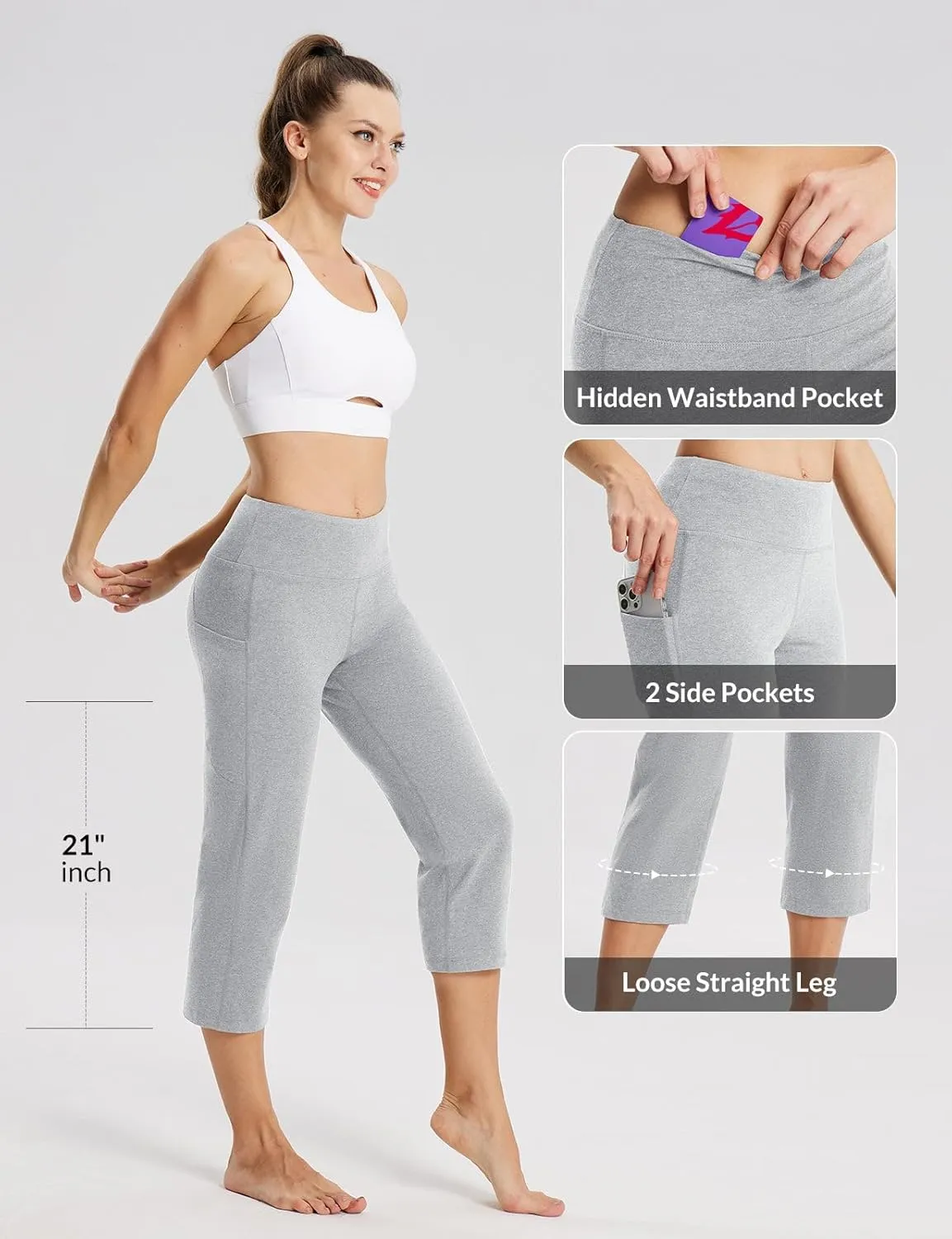 baleaf Womens Yoga Capri Pants High Waist Capri Leggings with Pockets Wide Leg Crop Exercise Workout Summer Pants