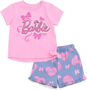 Barbie Girls Peplum T-Shirt and Twill Shorts Outfit Set Toddler to Big Kid Sizes (2T - 14-16)