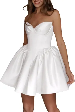 Basgute Short Wedding Dresses for Bride Beach Lace Applique Tulle Strapless Boho Corset Mini Bridal Dress