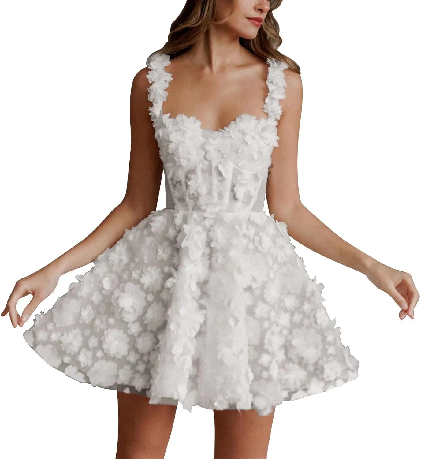 Basgute Short Wedding Dresses for Bride Beach Lace Applique Tulle Strapless Boho Corset Mini Bridal Dress