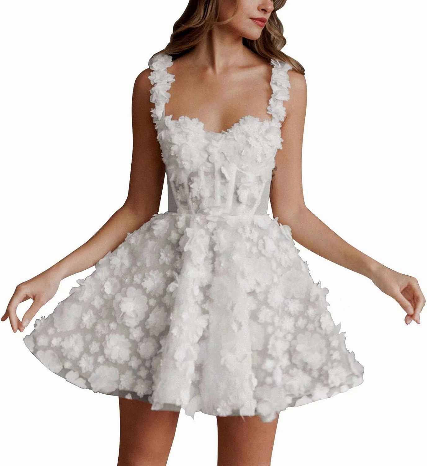 Basgute Short Wedding Dresses for Bride Beach Lace Applique Tulle Strapless Boho Corset Mini Bridal Dress