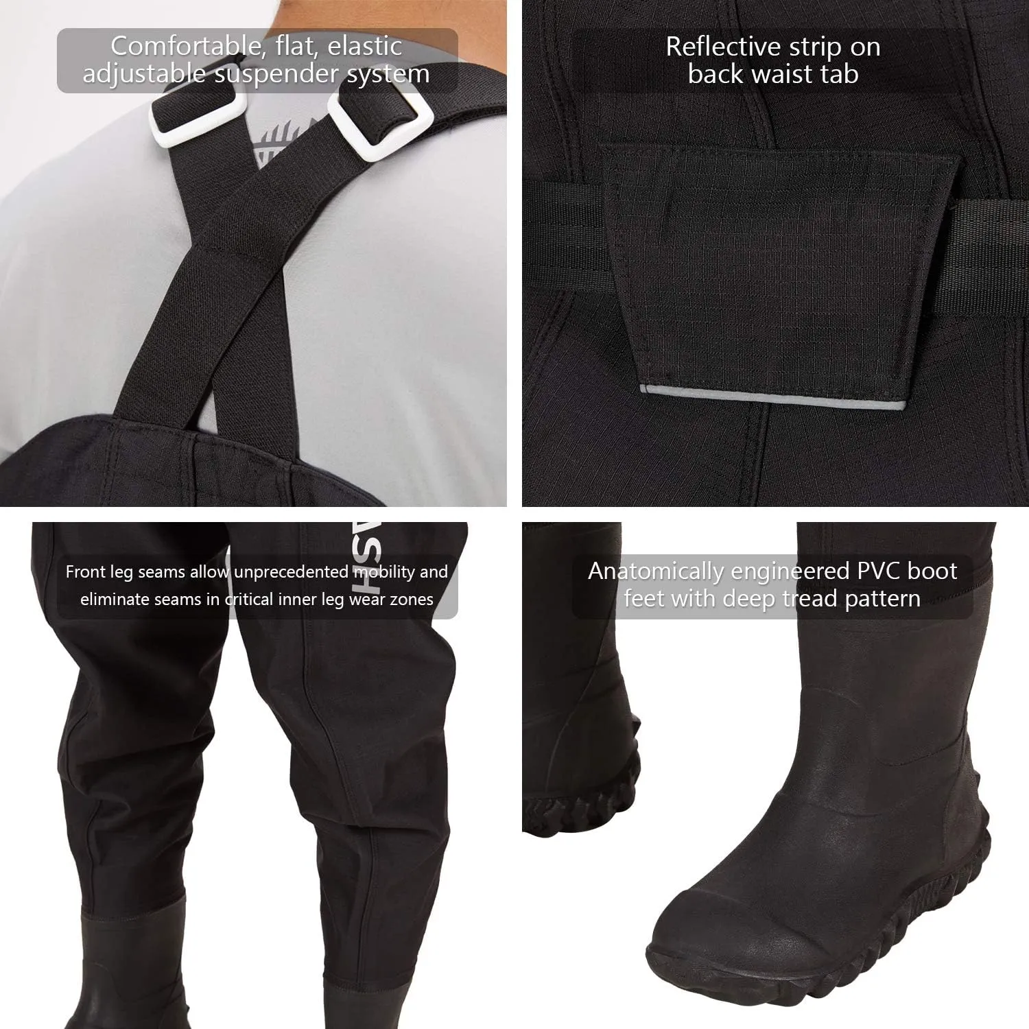 BASSDASH 3D Boot Foot Game Wader Ultra High Strength Black Plaid Nylon PVC Fishing Hunting Chest Waders for Men