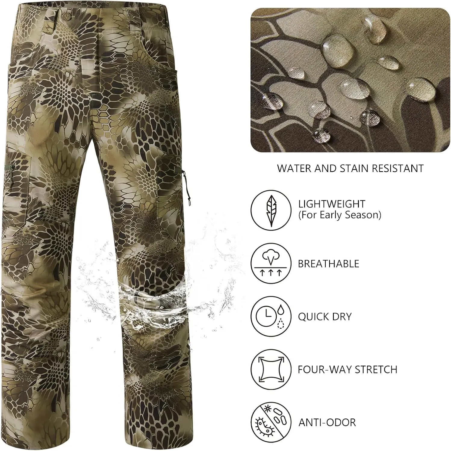 BASSDASH Men’s Lightweight Hunting Pants 4-Way Stretch Breathable Water Resistant for Turkey Early Season Spring Summer