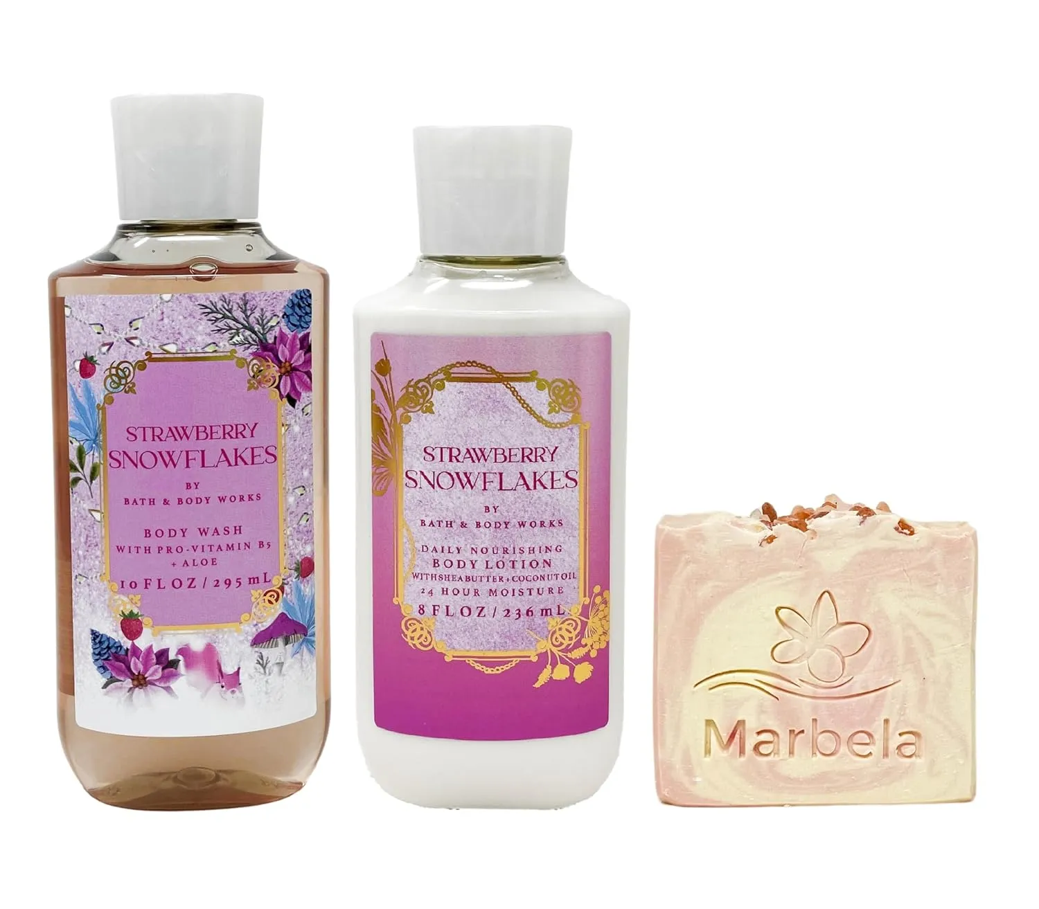 Bath & Body Works Strawberry Snowflakes Duo Gift Set with a Himalayan Salts Springs Bar Soap - Body Wash and Body Lotion - Full Size
