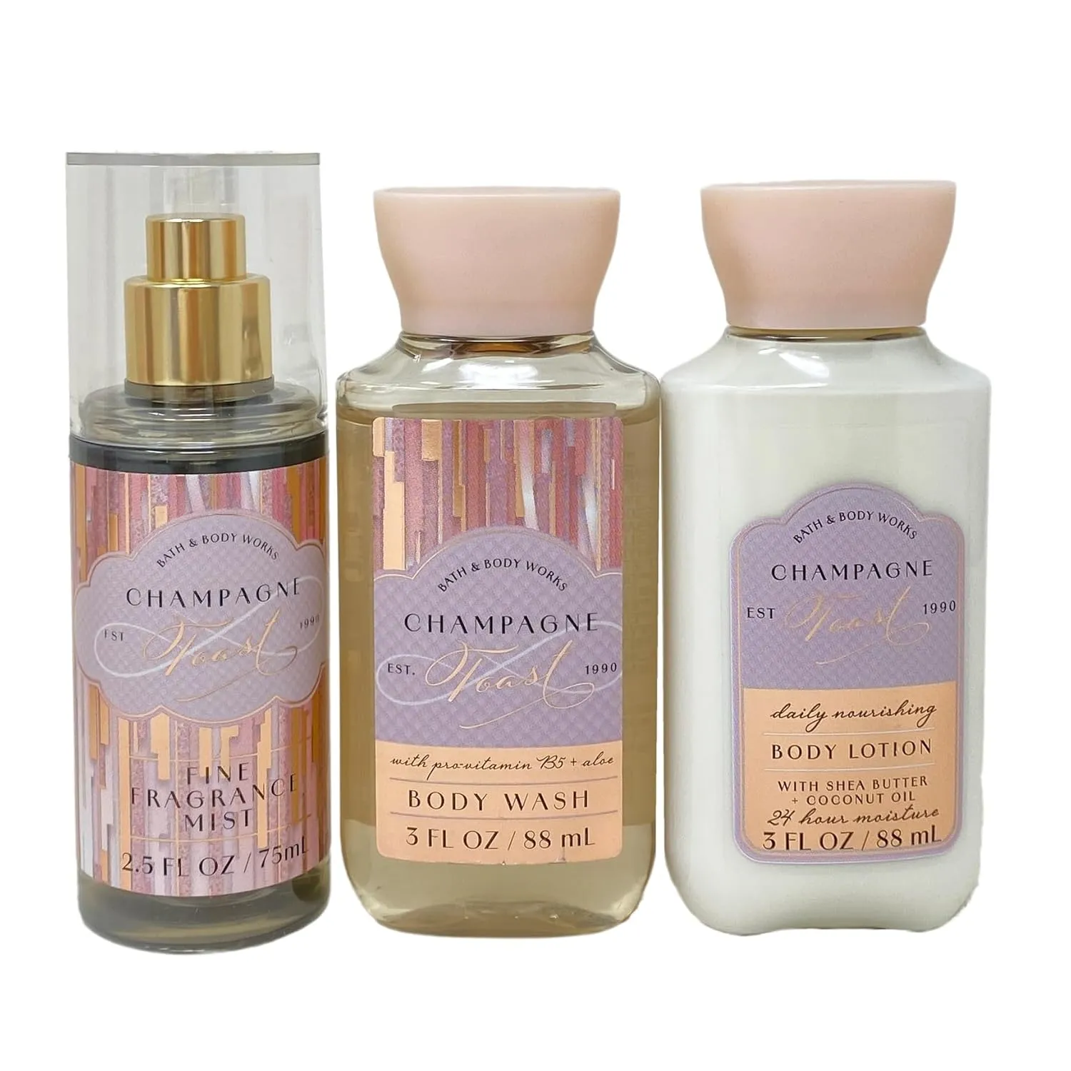 Bath and Body Work Champagne Toast Mini Trio Set - Fragrance Mist, Body Wash and Body Lotion - Travel Size