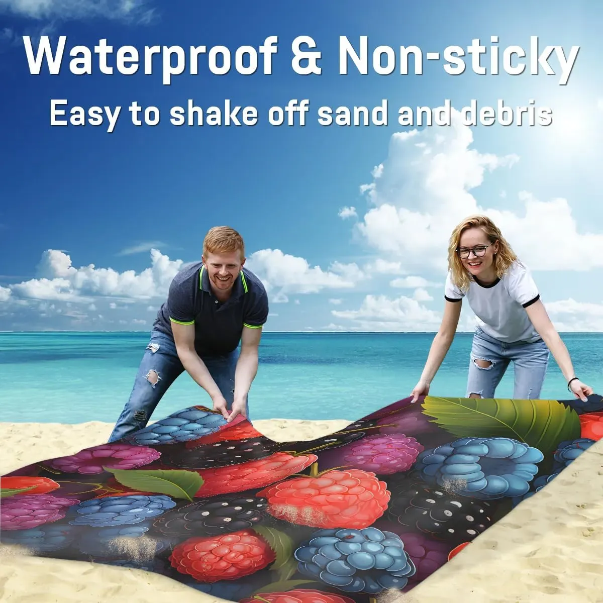 Beach Blanket, Colorful Fruit Sandproof Beach Mat, Waterproof Quick Drying Sand Free Mat with 4 x Ground Spikes for Outdoor Travel Camping Hiking, Cranberry 68 x 59 in