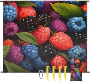 Beach Blanket, Colorful Fruit Sandproof Beach Mat, Waterproof Quick Drying Sand Free Mat with 4 x Ground Spikes for Outdoor Travel Camping Hiking, Cranberry 68 x 59 in