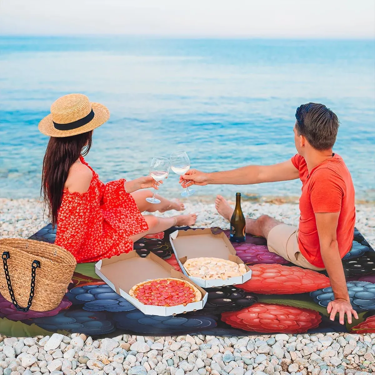 Beach Blanket, Colorful Fruit Sandproof Beach Mat, Waterproof Quick Drying Sand Free Mat with 4 x Ground Spikes for Outdoor Travel Camping Hiking, Cranberry 68 x 59 in