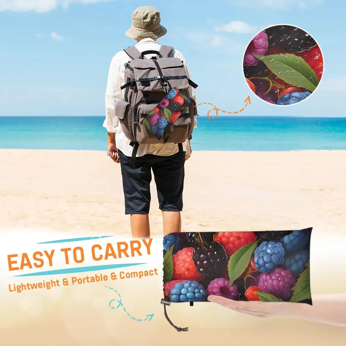 Beach Blanket, Colorful Fruit Sandproof Beach Mat, Waterproof Quick Drying Sand Free Mat with 4 x Ground Spikes for Outdoor Travel Camping Hiking, Cranberry 68 x 59 in