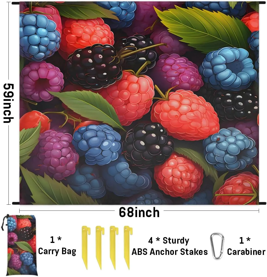 Beach Blanket, Colorful Fruit Sandproof Beach Mat, Waterproof Quick Drying Sand Free Mat with 4 x Ground Spikes for Outdoor Travel Camping Hiking, Cranberry 68 x 59 in