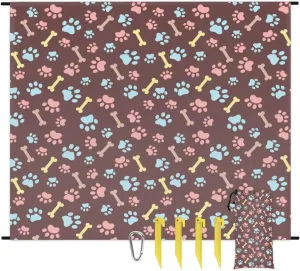 Beach Blanket, Dog Paw Sandproof Beach Mat, Waterproof Quick Drying Sand Free Mat with 4 x Ground Spikes for Outdoor Travel Camping Hiking, Colorful Dog Paw 68 x 59 in