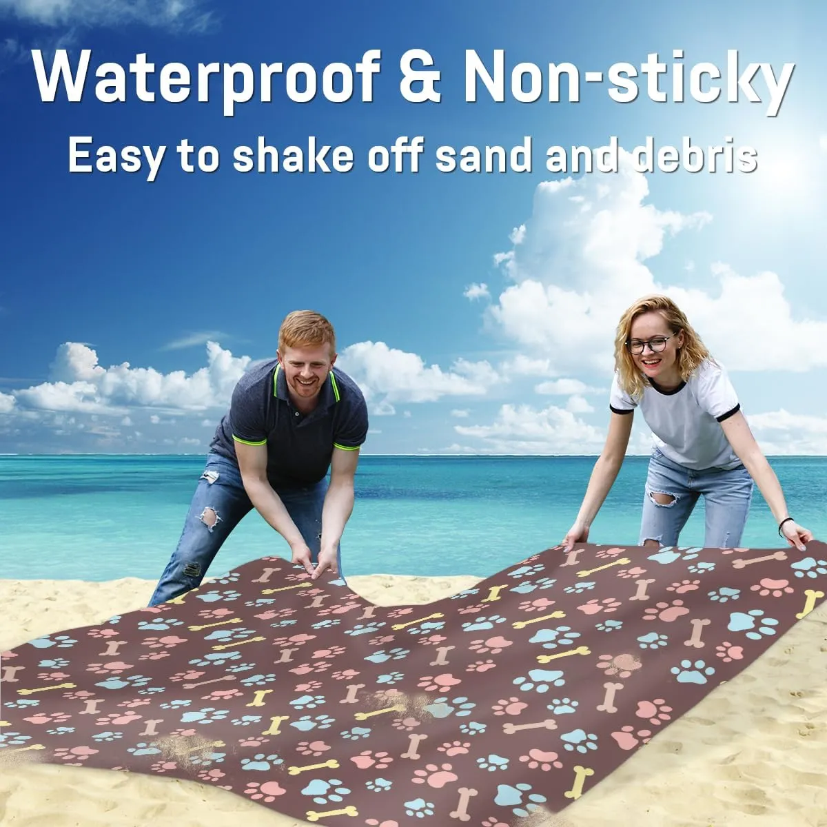 Beach Blanket, Dog Paw Sandproof Beach Mat, Waterproof Quick Drying Sand Free Mat with 4 x Ground Spikes for Outdoor Travel Camping Hiking, Colorful Dog Paw 68 x 59 in